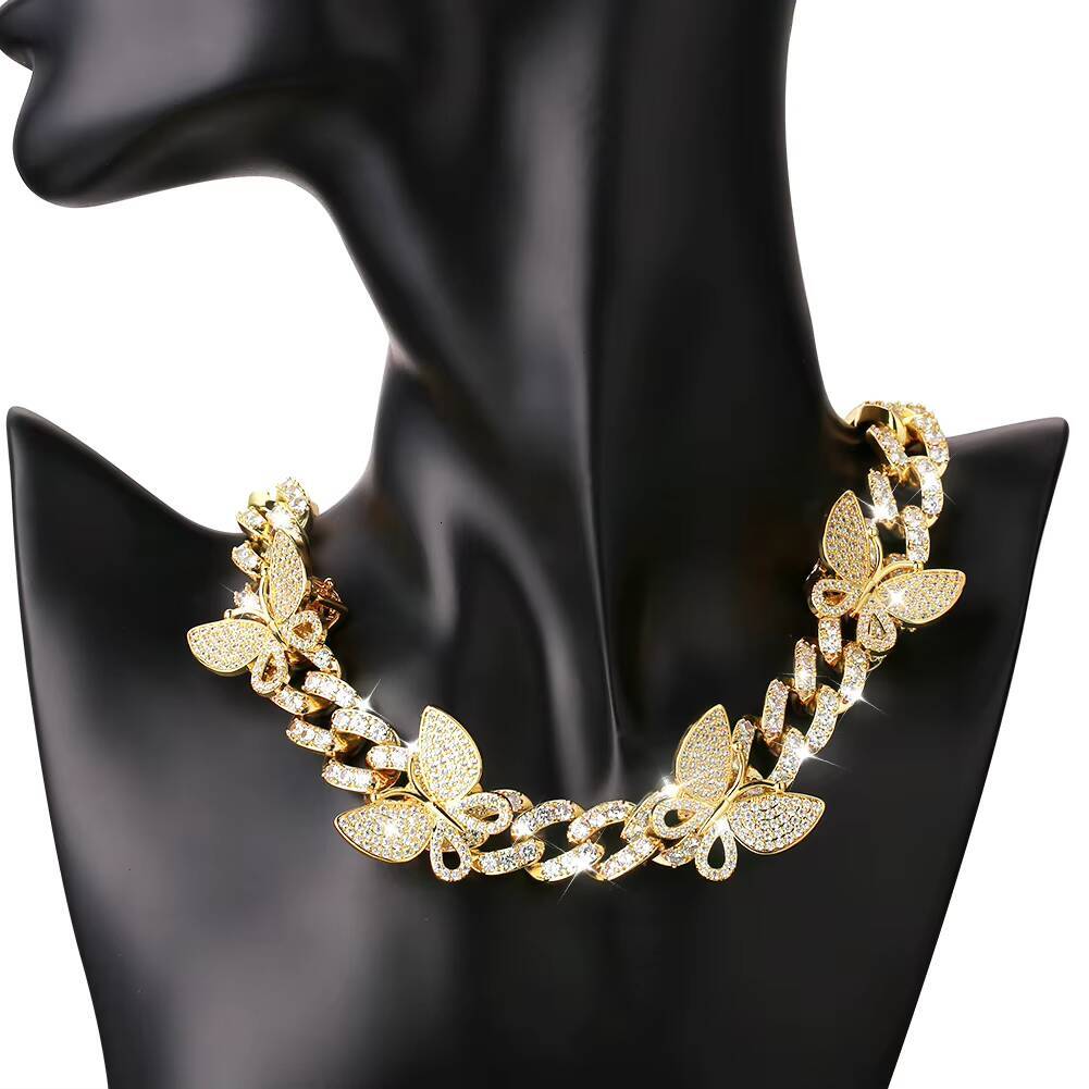 KRKC 18k Gold Pink Plated Colored Moissanite Butterfly Choker Silver Butterfly Chain Jewelry Butterfly Cuban Link Necklace