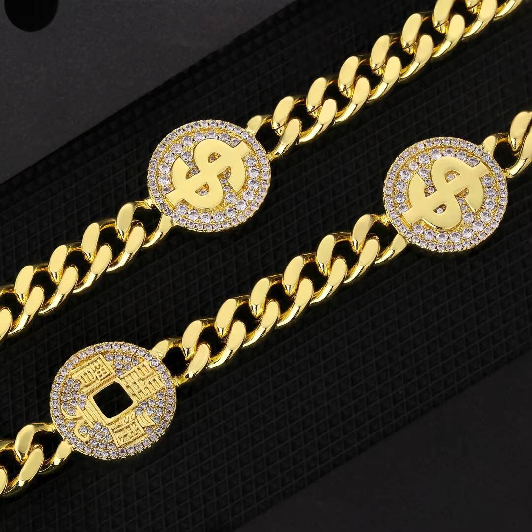 KRKC 14K Gold Plated 8mm Mini Dollar Coin Sign Cuban Link Chain Necklace