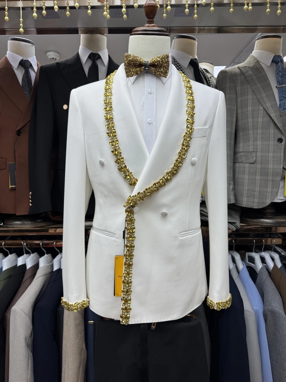 Elegant Men's Suit Shawl Lapel Tailor-Made 2 Pieces Set Jacket Crystal Blazer Double Breasted Groom Customized Coat Black Pants Plus Size