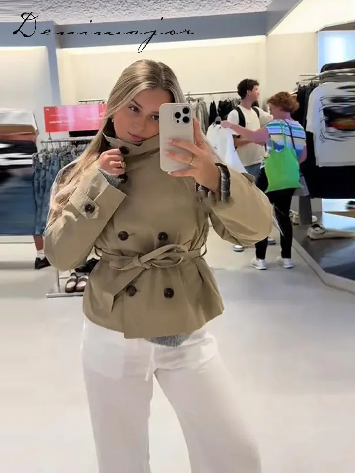 Street Womens Belt Cropped Trench Coat Elegant Stand Collar Double Breasted Long Sleeve Jacket Autumn Lady Commute Outwear 250911