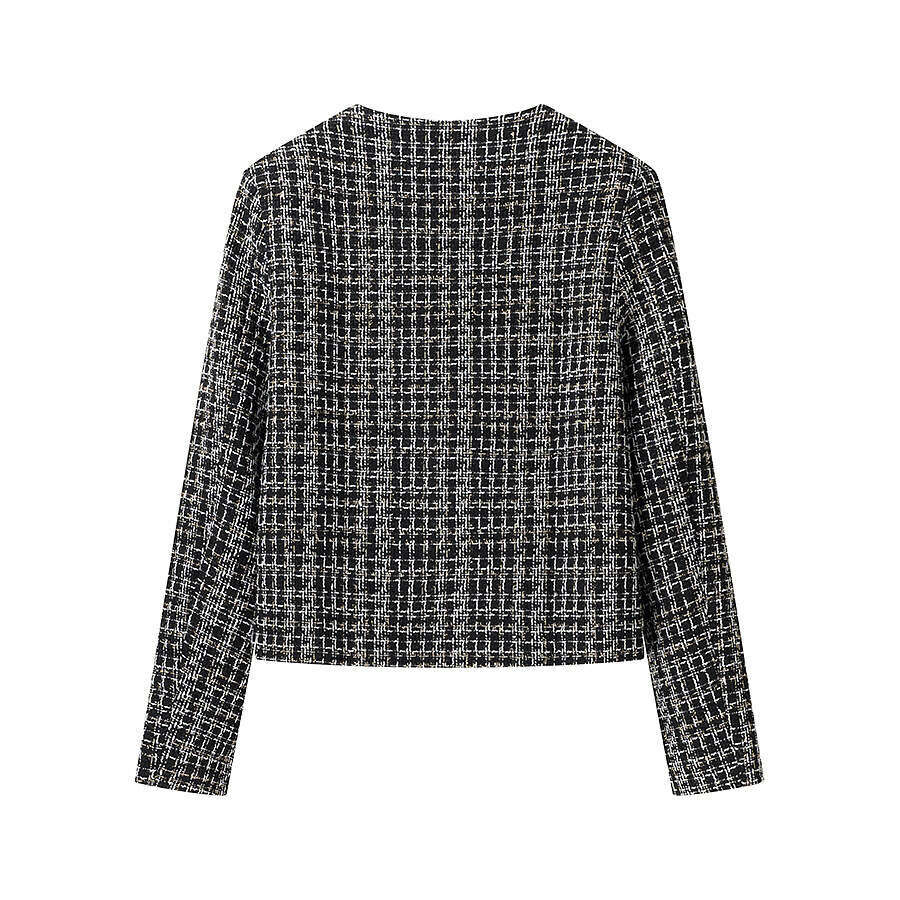 DHEssentials 2025 Fashion Small Chanel Style Women's Plaid Woven Short Coarse Wool Jacket Suit