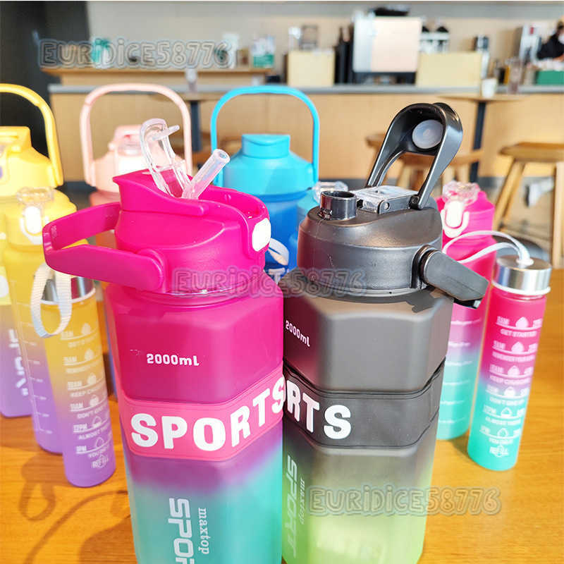 Large Capacity Pet Plastic Cup Gradient Threepiece Set Double Drinking Straw Water Cup Outdoor Sports Portable Handle Cold Water Bottle H250911