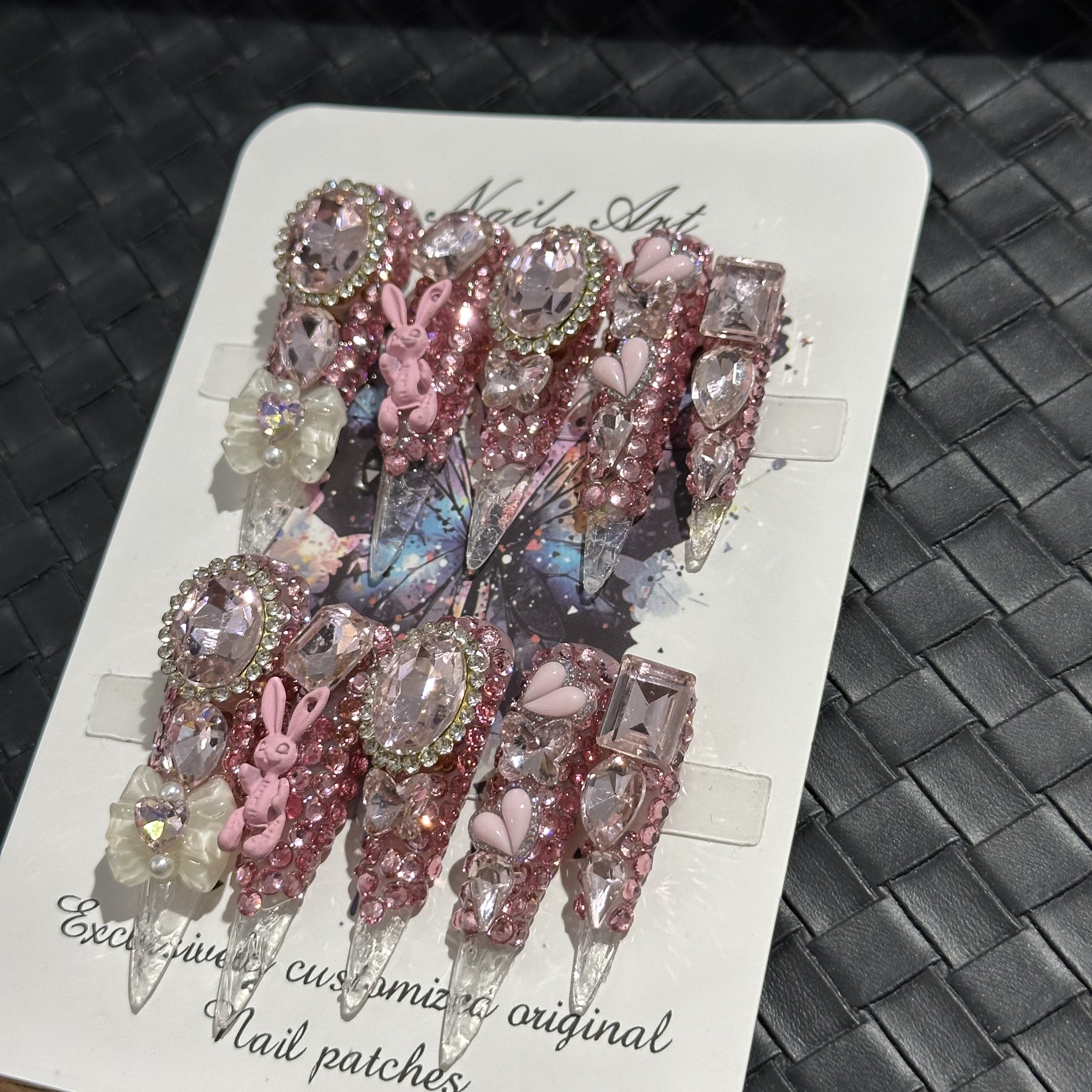 Fake nails, pink flower rabbit diamond bow, hand drawn, trendy and fashionable, European and American Instagram style, extra long, handmade