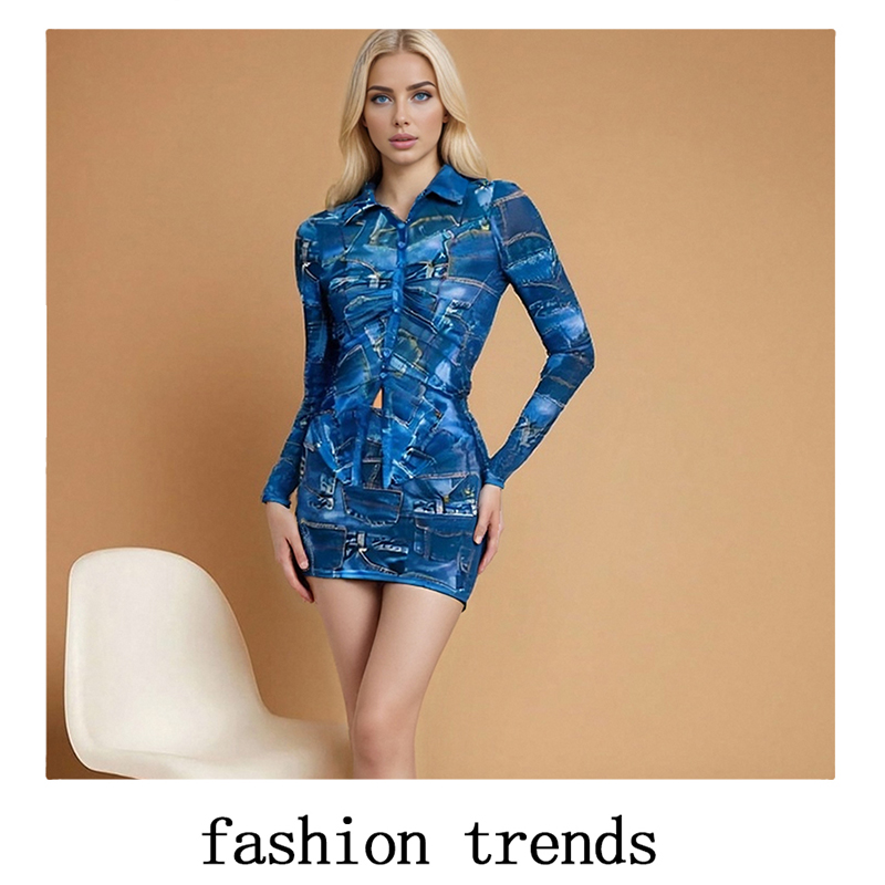 Women's Long Sleeve Denim - Print Bodycon Shirt Dress