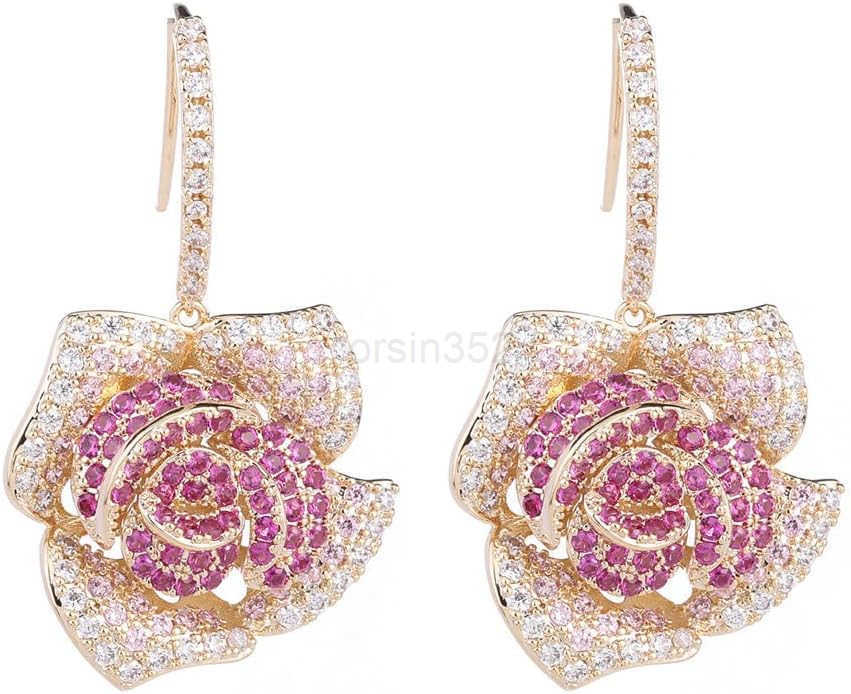 Flower Dangle Stud Earrings for Women Girls with Charms Fashion Luxury Pave Rhinestone Filigree Camellia Rose Dainty Crystal Drop Dangling Wedding Pro