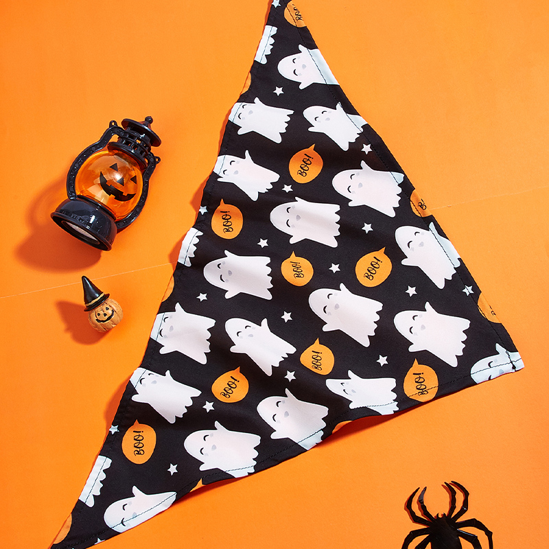 Halloween themed pet bib featuring a white ghost design