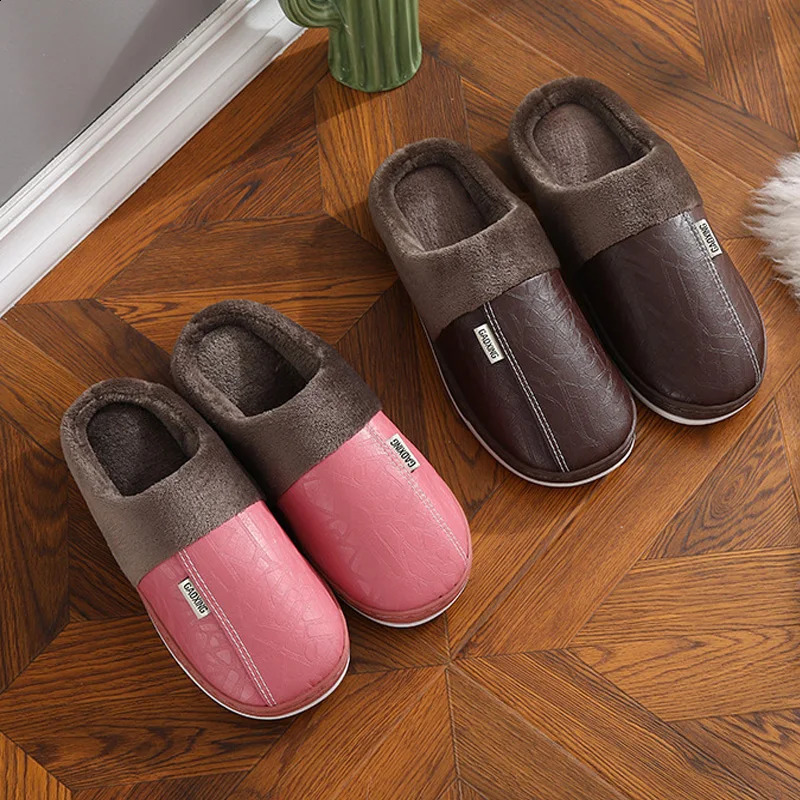 Casual Men Slippers Indoor PU Leather Women House Waterproof Warm Home Fur Slipper Male Couple Shoes Fluffy Slide Couples Shoes250906