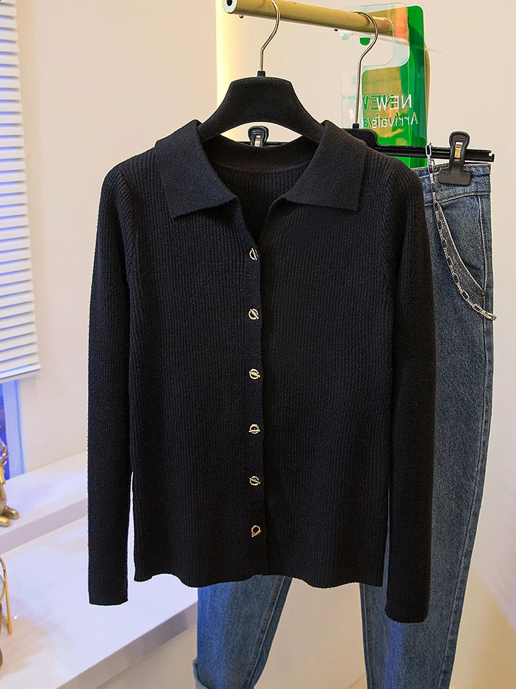 2026 Korean Style Fashion Autumn Winter Turn Down Collar Cardigan Knitted Sweater Casual Loose Long Sleeved Base Women 250911