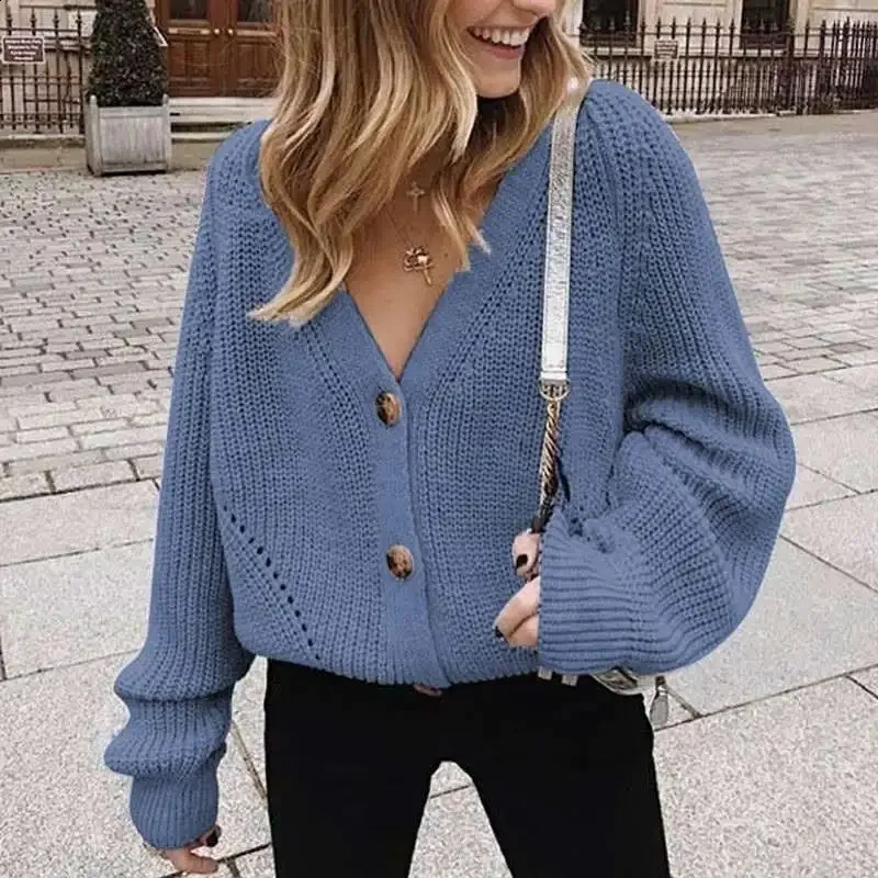 Autumn Long Sleeve Loose Vneck Women Button Cardigan Sweater Winter Elegant Casual Solid Color Lantern Knitted Top 250911