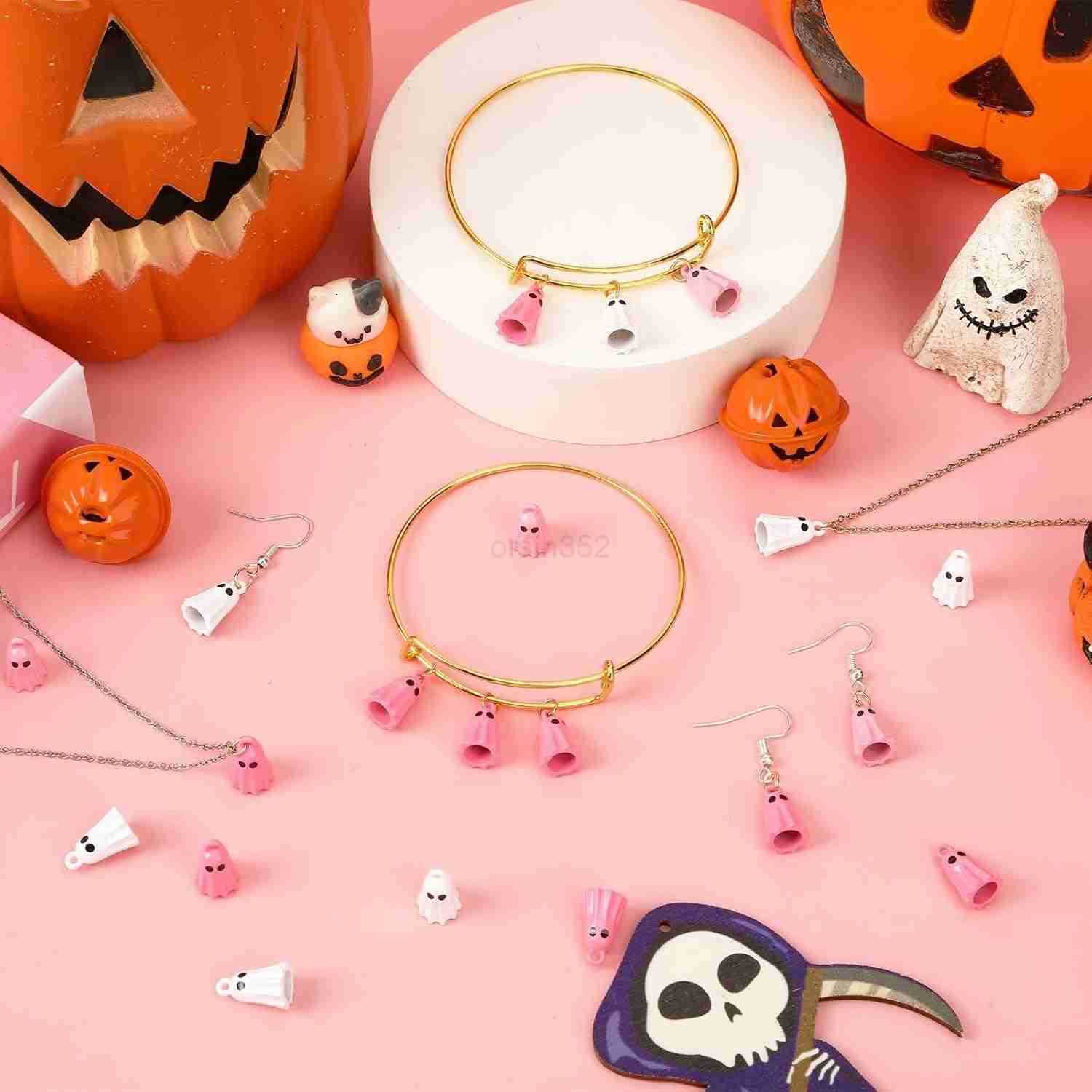 60Pcs Halloween Charms Halloween Ghost Charms for Jewelry Making Pink White Ghost Bangle Charm Pendants for Necklace Earrings Making DIY CraftsW250911