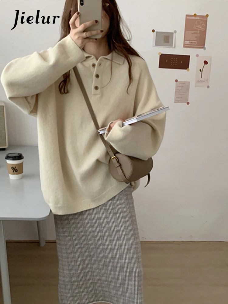 Jielur Autumn Casual Loose Pullovers Woman Street Solid Color Slim Female Apricot Polo Knitted Fashion Women Top 250911