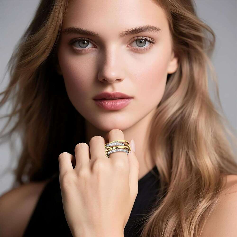14K Gold Plated Stackable Rings for Women: Interlocking Multi-Ring Set with Cubic Zirconia - Stainless Steel Eternity Bands