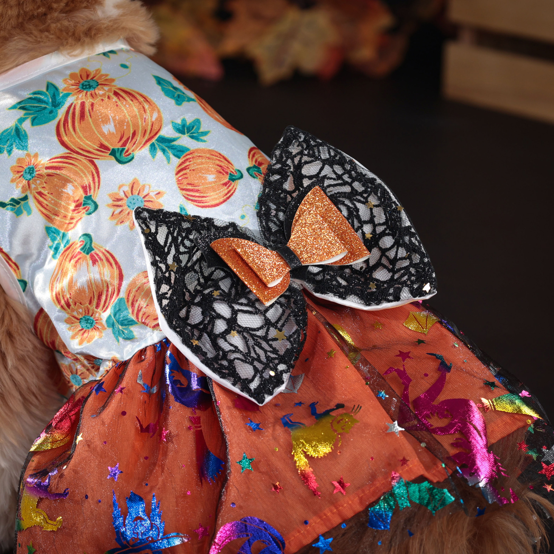 Halloween Dog Dress with Pumpkin Skull Prints Mesh Skirt & Big Bowknot Festive Party Costume for Dogs 1.5-14kg Perfect for Halloween Parties Themed Ev