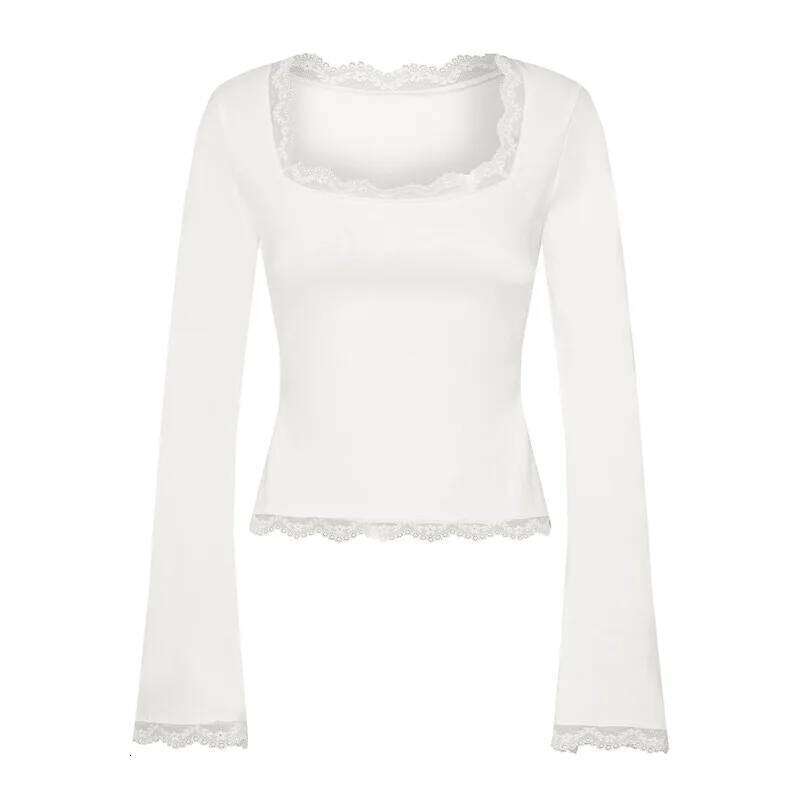 Imcute Women's Spring Lace Trim Tee Shirt Blouses Fashion Long Sleeve Square Neck Slim Trendy Party T-Shirt Y2k Streetwear