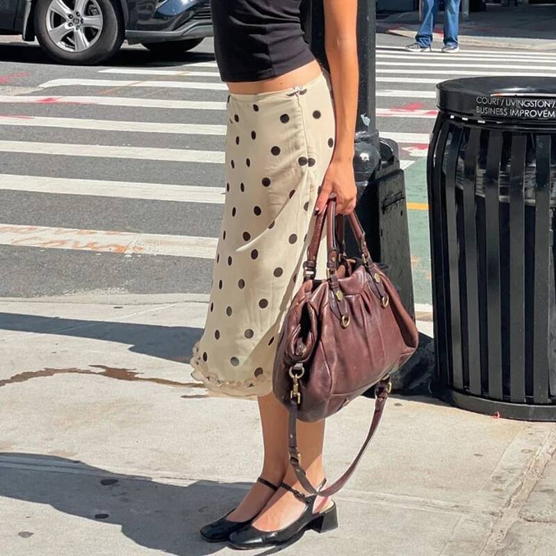 IAMHOTTY Dot Print Midi-calf Skirt Y2K Aesthetic Low Waist Straight French Style Ruched Edge Hem Pencil Skirts Chic Women dongdumaoyi