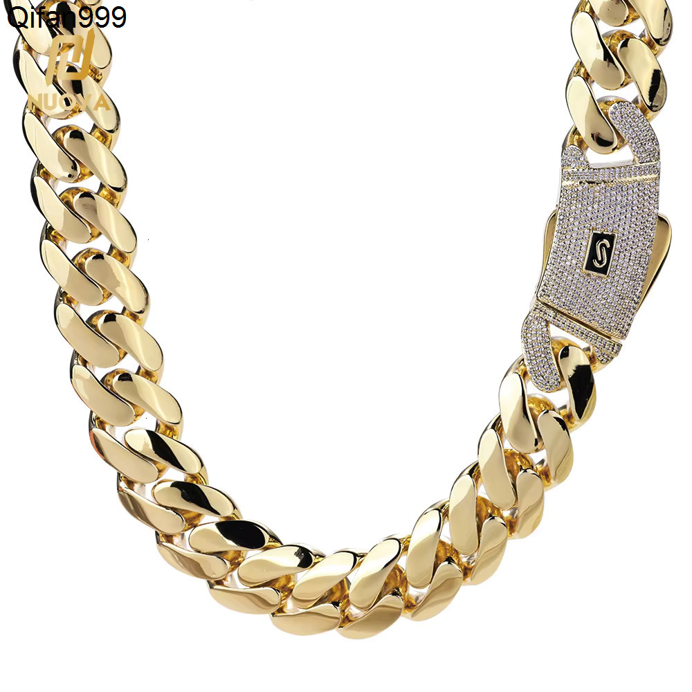 NUOYA Hiphop Jewelry Iced Out Diamond Clasp Flat Monaco Chain 14K Gold Plated Thick Cuban Link Chain Choker Necklace for Women