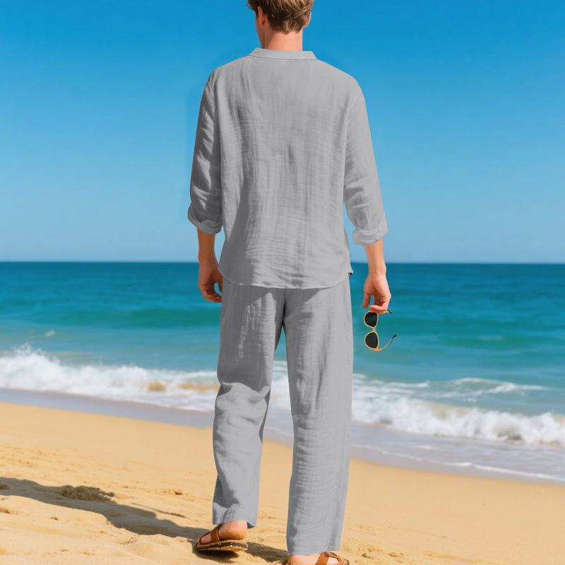 Men's Linen Lounge Set Relaxed Fit Breathable V-Neck Henley Shirt and Trousers Long Sleeve Autumn Comfort Outfit EU Size: S-3XL