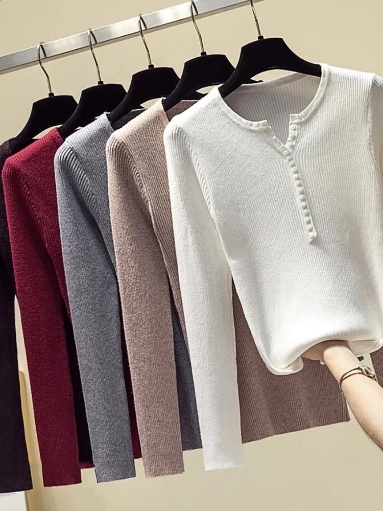 Autumn Winter Button Knitwear V Neck Sweater Women Basic Slim Pullover Sweaters And Pullovers Knit Jumper Ladies Tops 250911