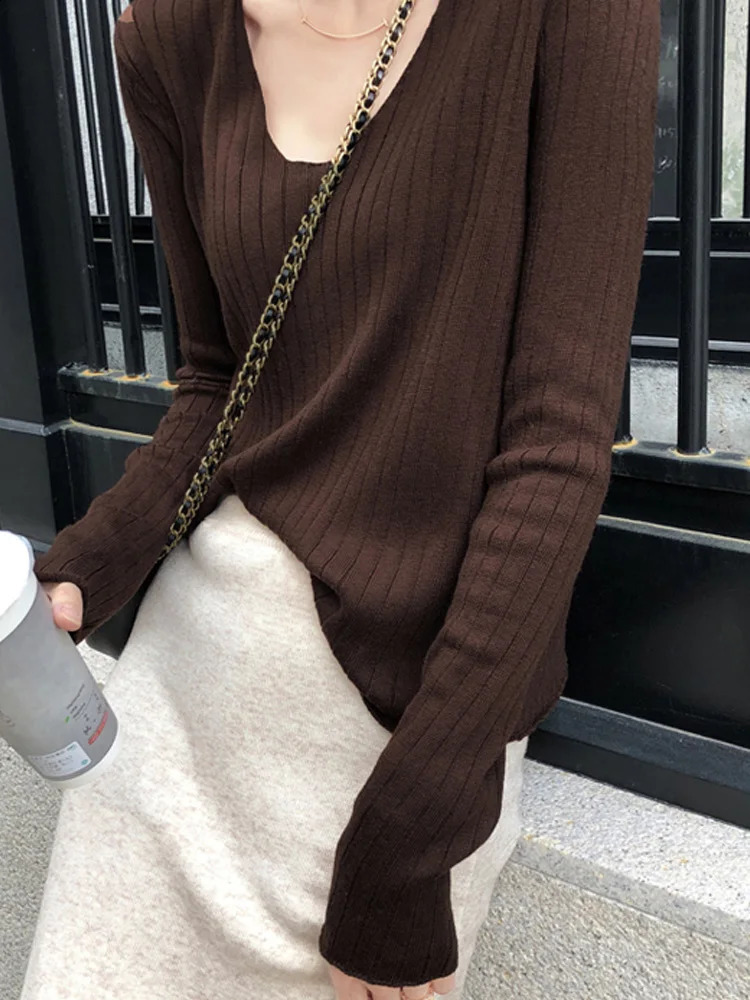Fashion V Neck Striped Pullovers Knitted Women Sweaters Autumn Winter Slim Long Sleeve Womens Sweater Woman Tops 250911