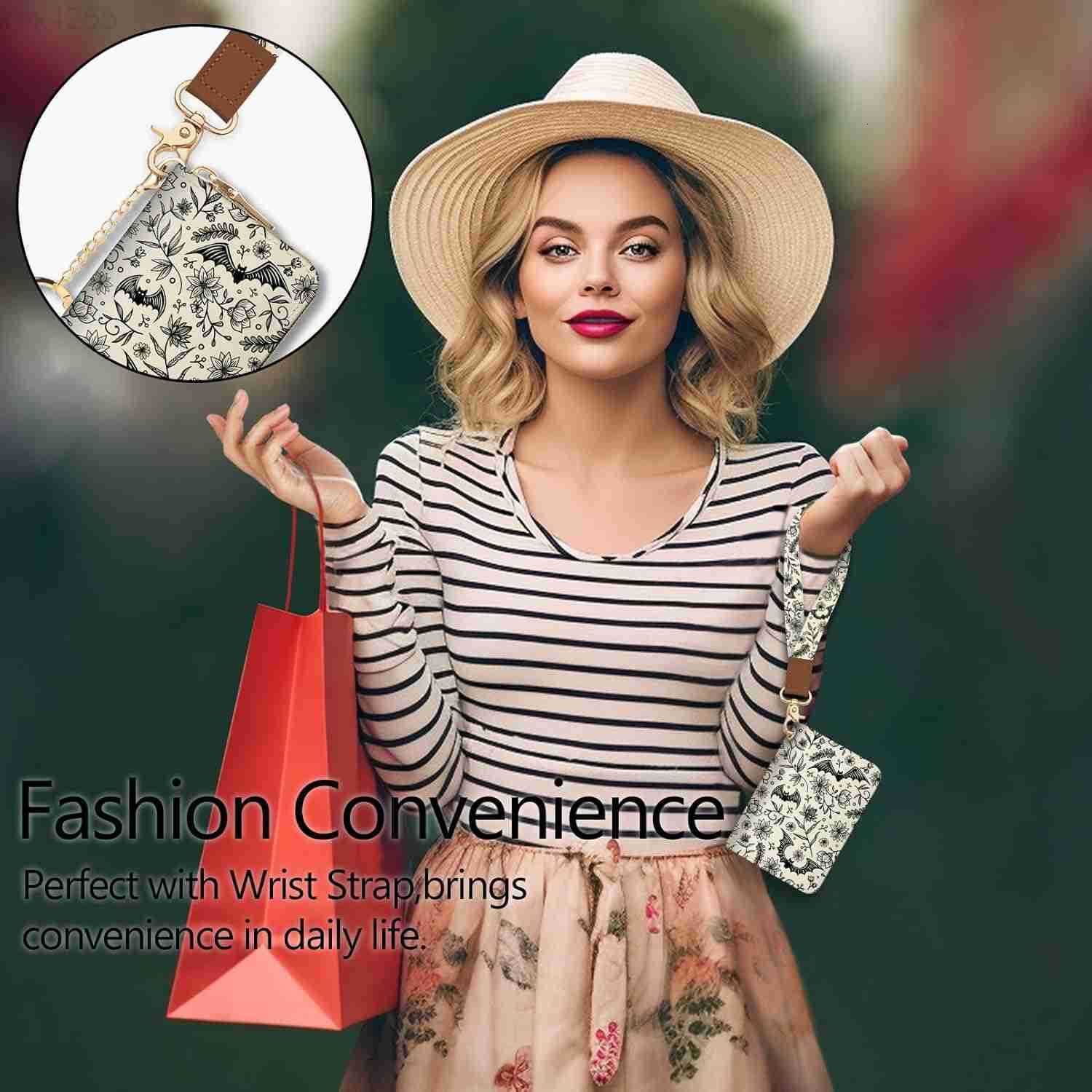 Credit Card Holder for Women Goth Small RFID Blocking Wallet with Wristlet Strap Gothic Zipper Keychain Women Wallet Leather Card Case Wallet Purse wi