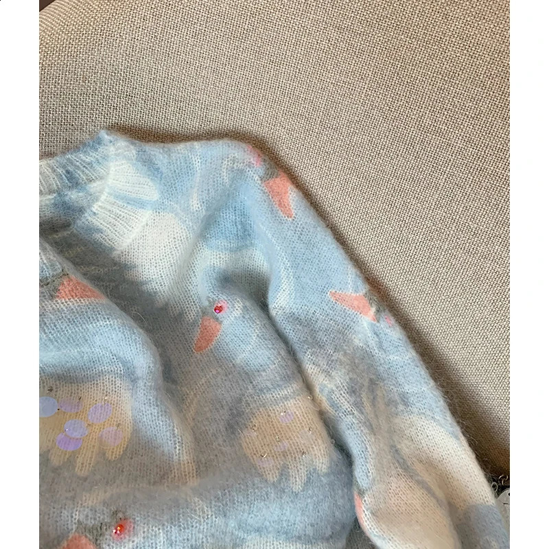 Blue Sequined Beaded Mohair Womens Autumn and Winter Gentle Lazy Wind Soft Waxy Tiedyed Knitted Sweater 250911