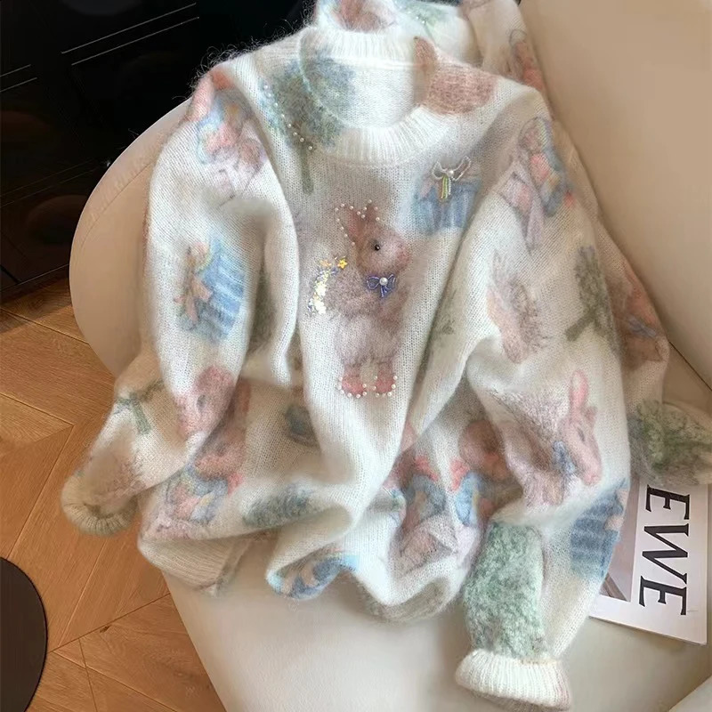 n Bunny Beadprinted Mohair Sweater Womens Autumn and Winter Sweet Soft Waxy Knitted Top y2k clothes 250911