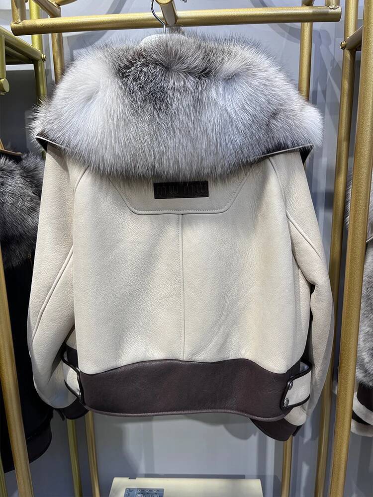 2024 Winter Warm Women Real Fox Collar Natural Merino Sheep Fur Coat Genuine Leather Jacket Thick Female Coats