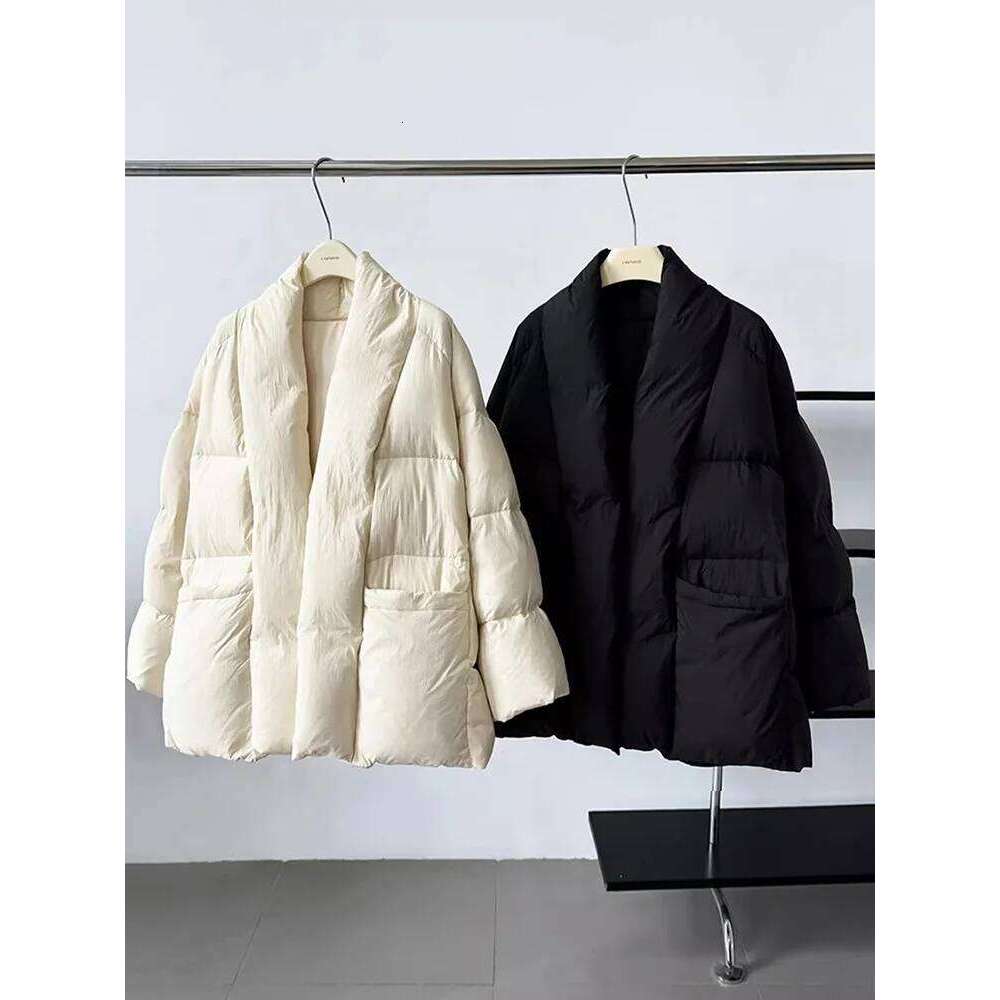 Lagabogy 2025 Winter Belt Waist-Tight Elegant Warm 90% White Duck Down Jacket Female Long Sleeve Solid Color V-Neck Puffer Coat