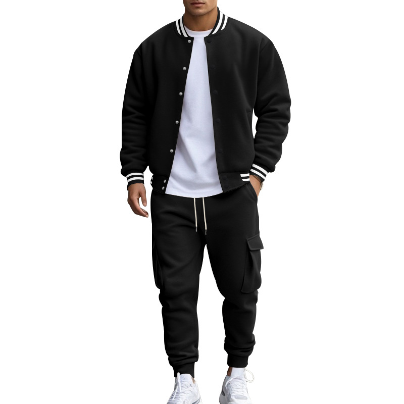 Men's Sports Set Autumn Winter American Style Stand Collar Baseball Jacket with Fleece-Lined Pants Loose Fit Casual Track Suit EU Size: S-3XL