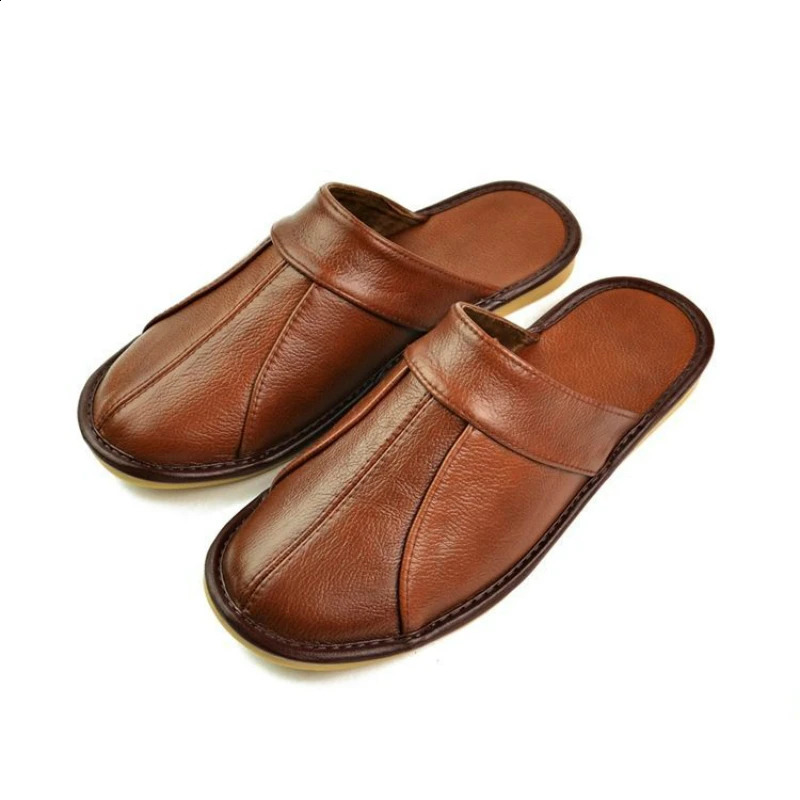 Cow Split Leather Handmade Men Home Slippers Spring Slip On Soft Comfortable Black Brown Bedroom Indoor Flat Men Shoes250906