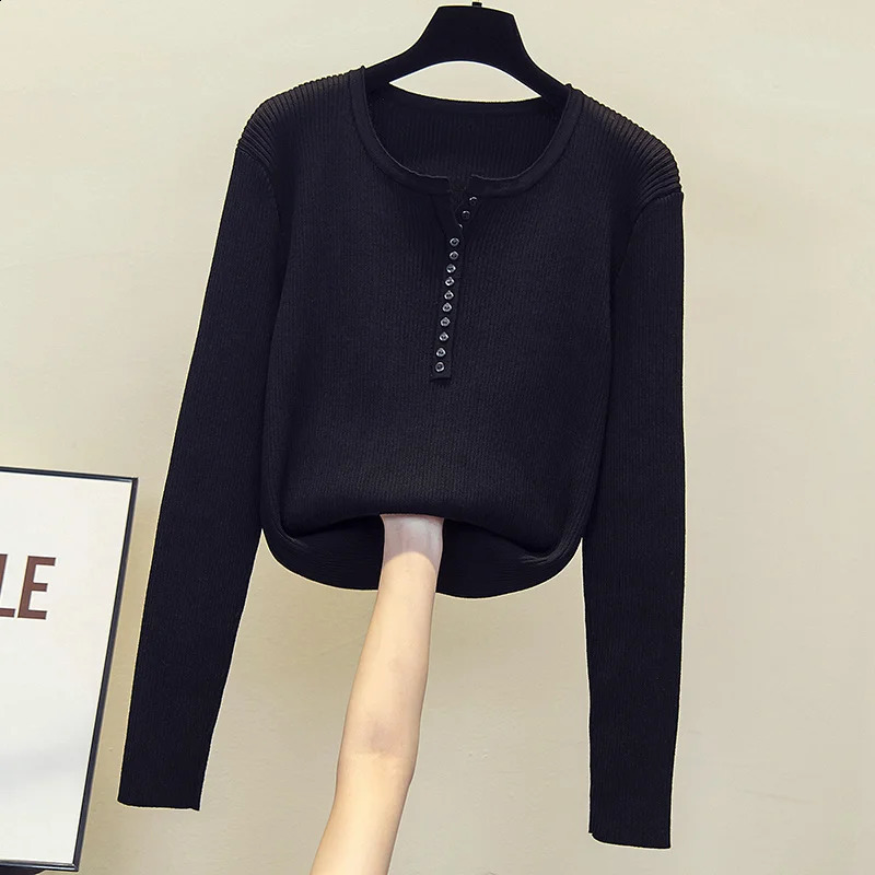 2026 Knitted Women Sweater Button Vneck Pullovers Autumn Basic Sweaters for Female Pullover Slim Solid Bold Stripes Tops 250911