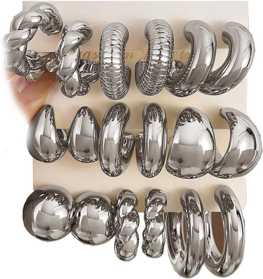 24 Pairs Gold Hoop Earrings Set for Women Hypoallergenic Chunky Chain Twisted Open Hoops Dangle Earring Packs for Birthday Party Christmas Fashion Jew