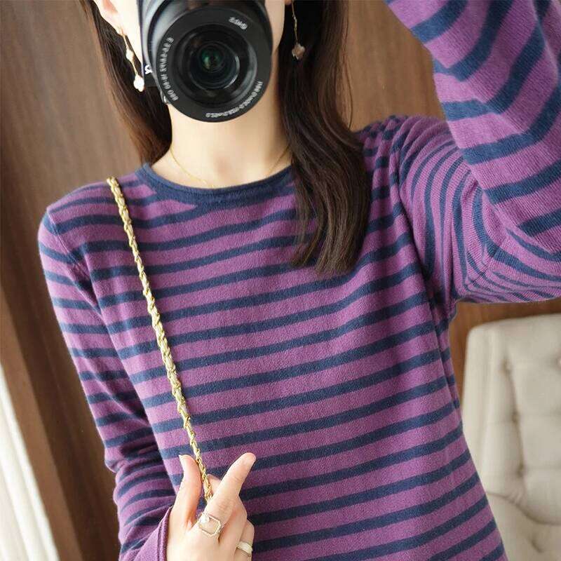 Women 100% Cotton Curled O-Neck Strip Pullover Autumn Winter Casual Knit Clothing Fashion Soft Bottoming Sweater Tops