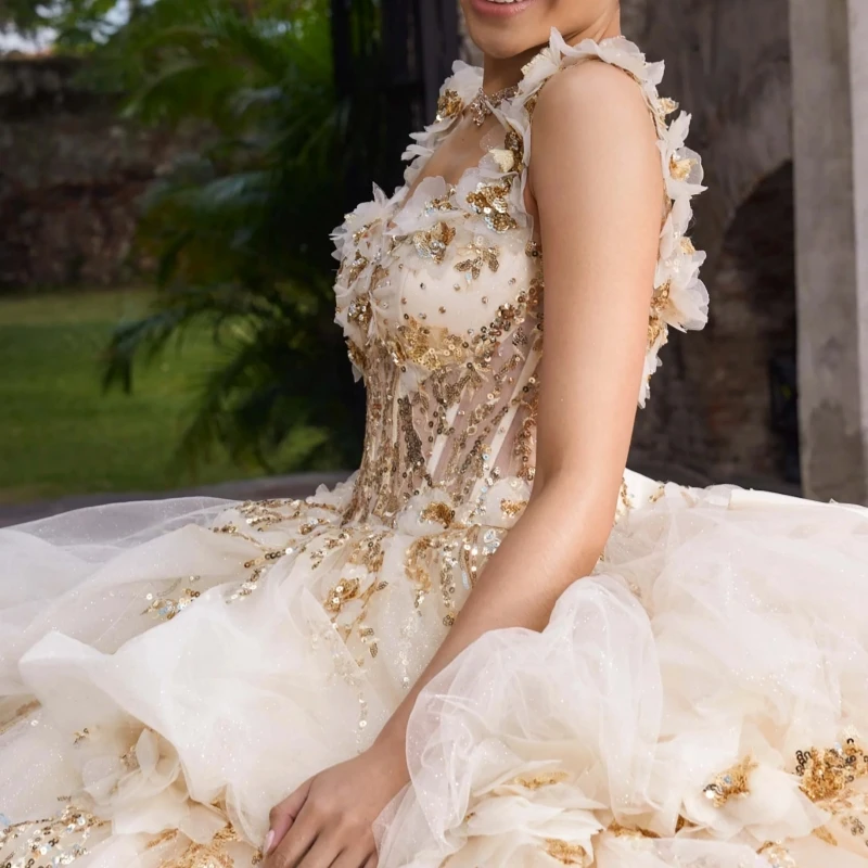 Light Champagne Shiny Quinceanera Dresses Ball Gown Off The Shoulder Gold Applique Lace Beads Bow Tiered Tull Sweet 16 Dress Vestidos 15 De Anos