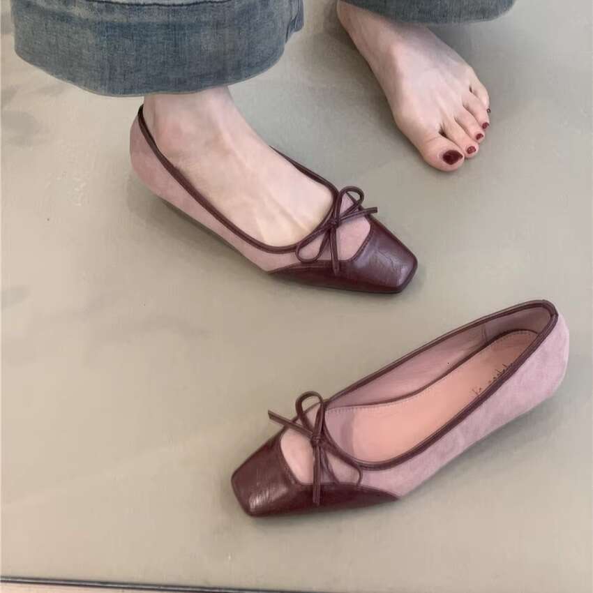 Gentle Pink Fairy Single 2025 Spring French Style Elegant Color Block Squ Toe Designer Shoe Shallow Mouth Wedge Shoes