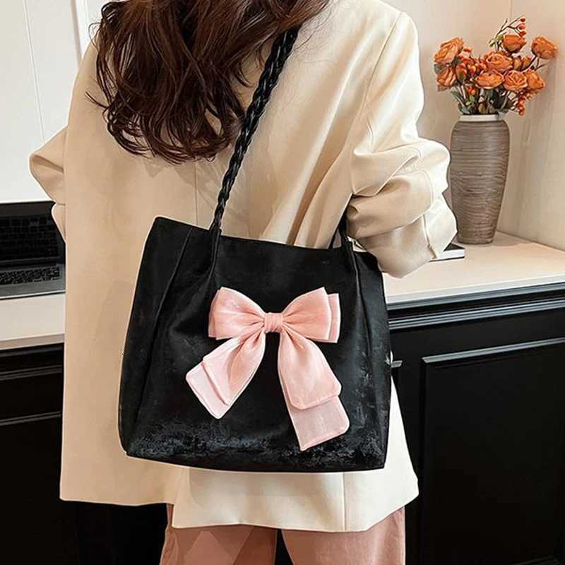 Bow Contrasting Color Single Shoulder Versatile Casual Handheld Tote Womens Bag Z250911