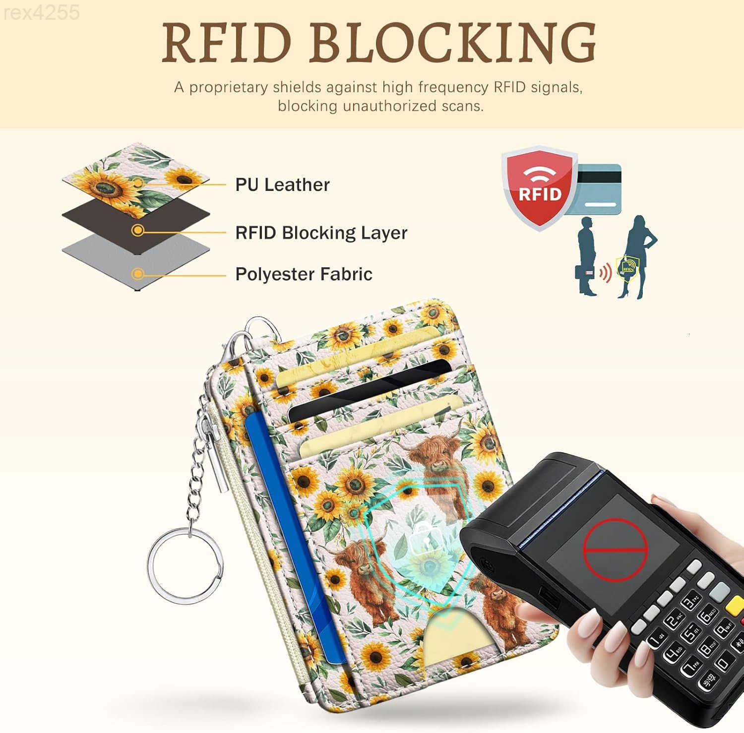 Cow Sunflower Credit Card Holder Small Wallet Women Slim RFID Blocking Wallet Woman Keychain with Zipper Coin Pocket Front Pocket Thin Travel Card Cas