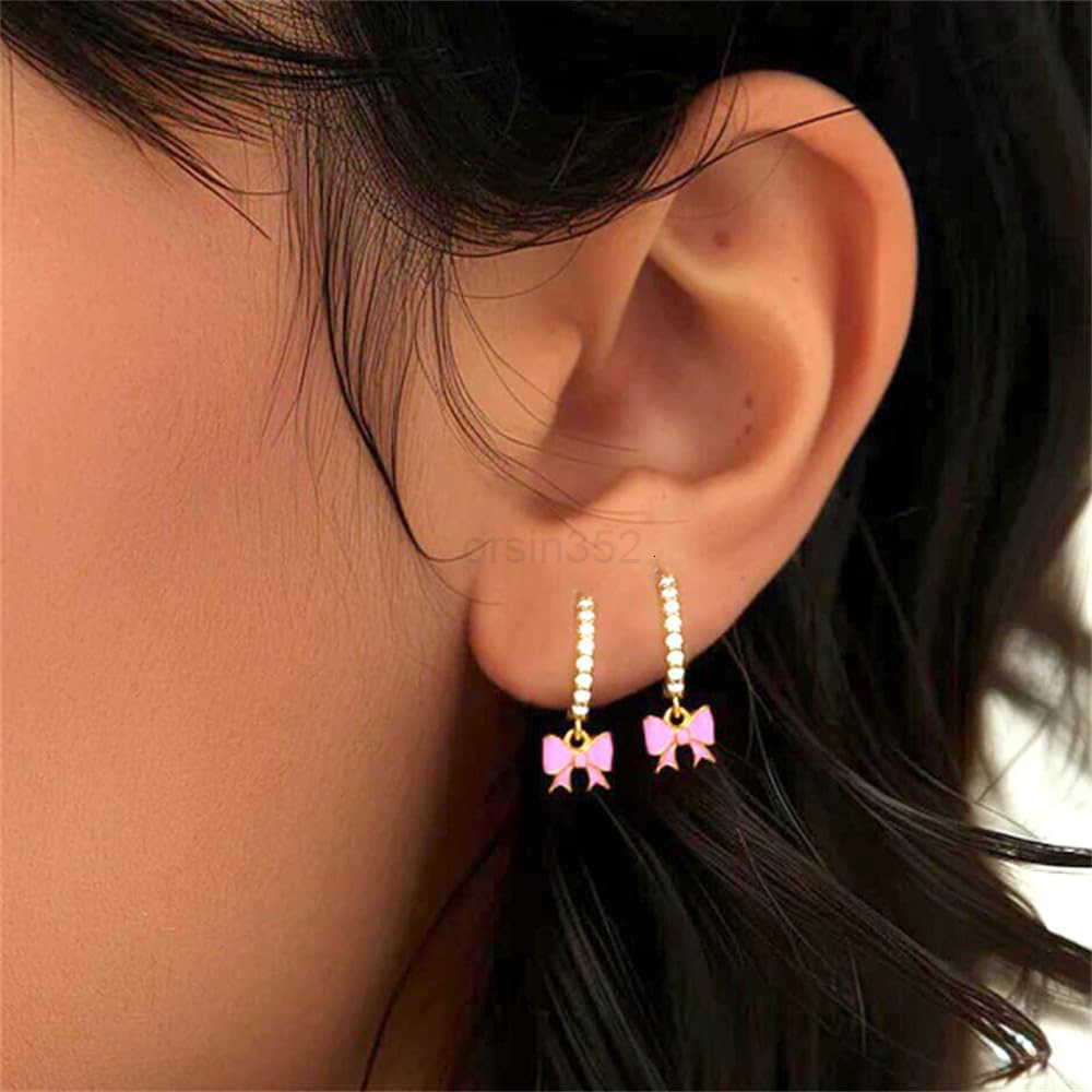 Cute Bow Pink Enamel Ribbon Charm CZ Small Hoop Earrings for Women Cartilage Dainty 925 Sterling Silver Post Gold Plated Bowknot Tiny Mini Huggie Hoop