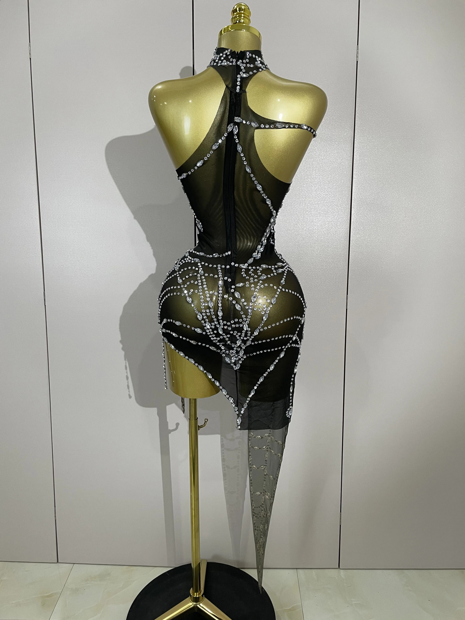 STOCK Sparkly Diamond Sexy Mesh Asymmetric Bodycon Mini Dress Women Nightclub Bar Party Show Gogo Dancer Clothing Stage Costume250906