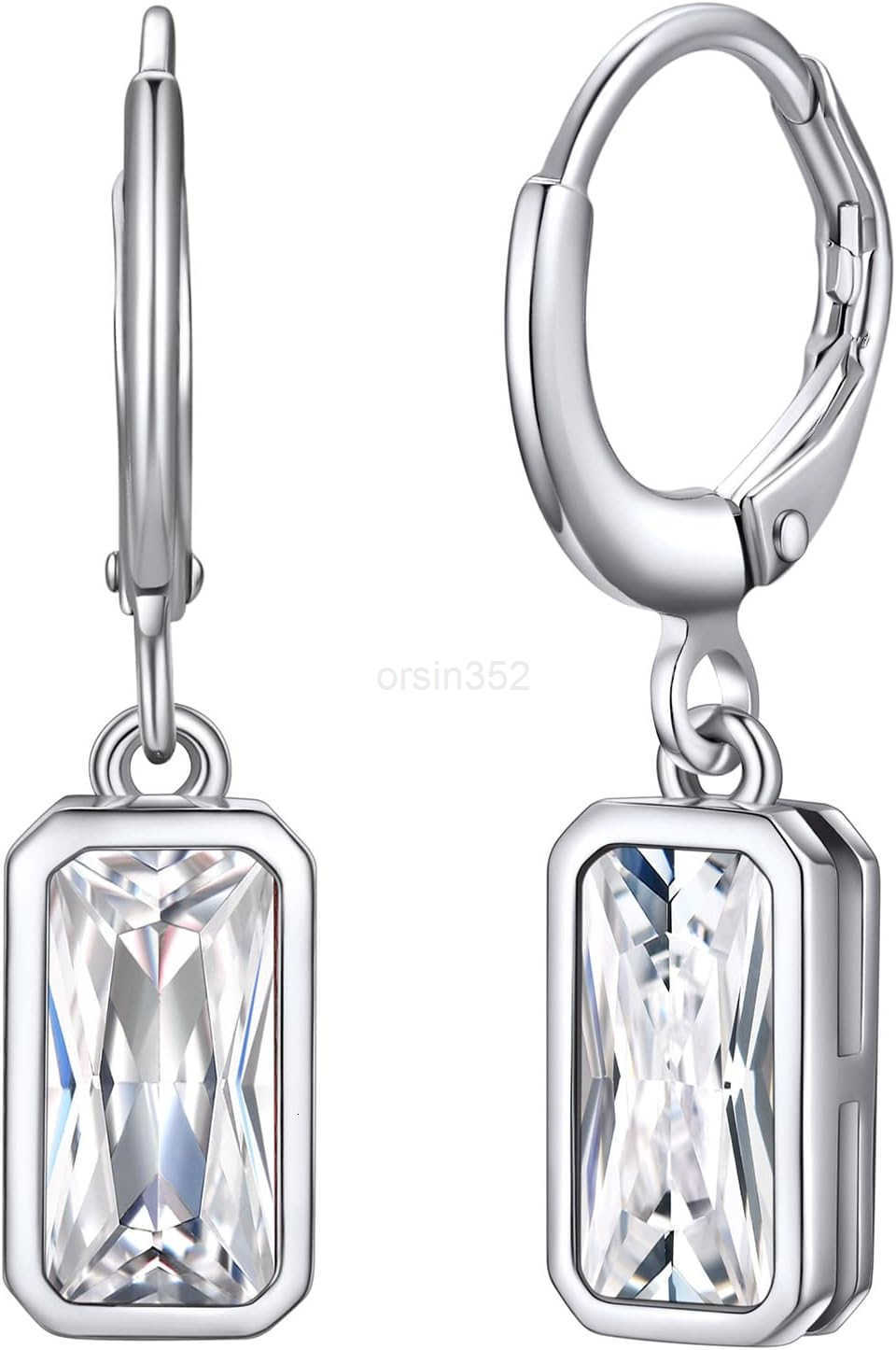 Sterling Silver Small Dainty Birthstone Drop Earrings for Women with Rectangular Baguette Crystal Huggie Hoop Silver Dangle Earring for Wedding Birthd