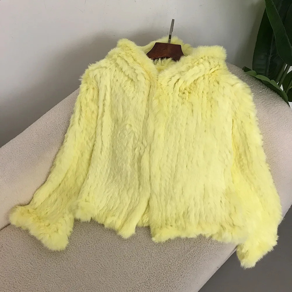 Rabbit fur womens coat Autumn and winter encrypted thickened handwoven doublesided hooded Korean short for women 250911