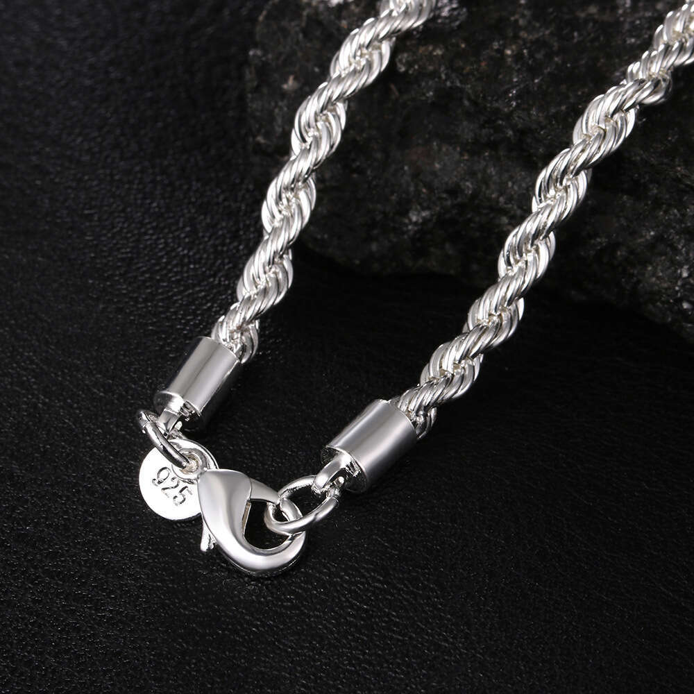 Golden Star Style Women's Men's Sier Plated 4MM Twisted Rope Braided Round Necklace