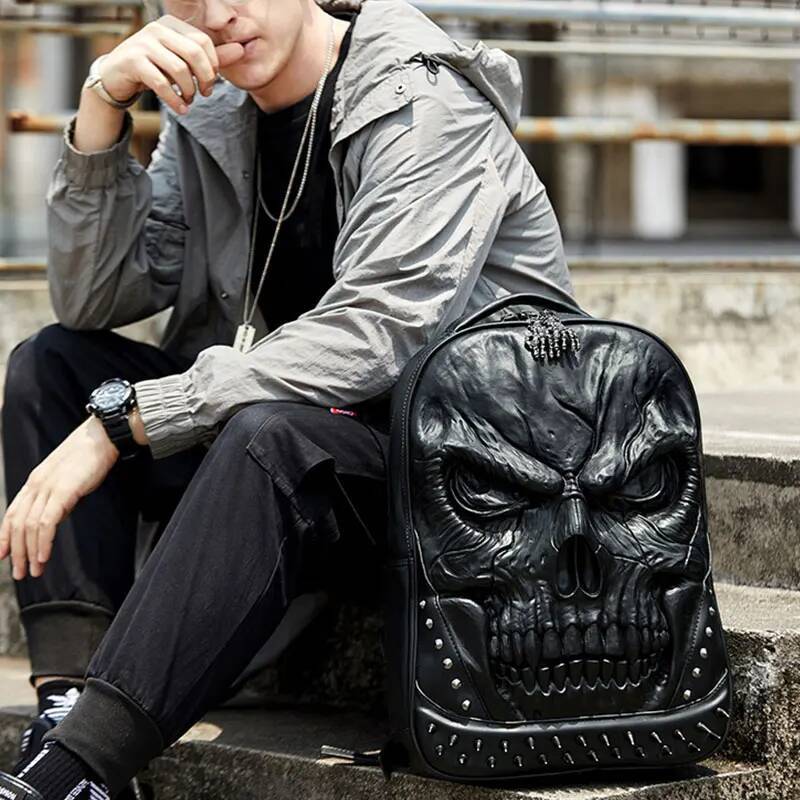 3D Skull Backpack Men Steampunk Gothic Rivet Bagpacks PU Leather Unique Originality Men's Travel Bagpack Trend Laptop Bag high-quality
