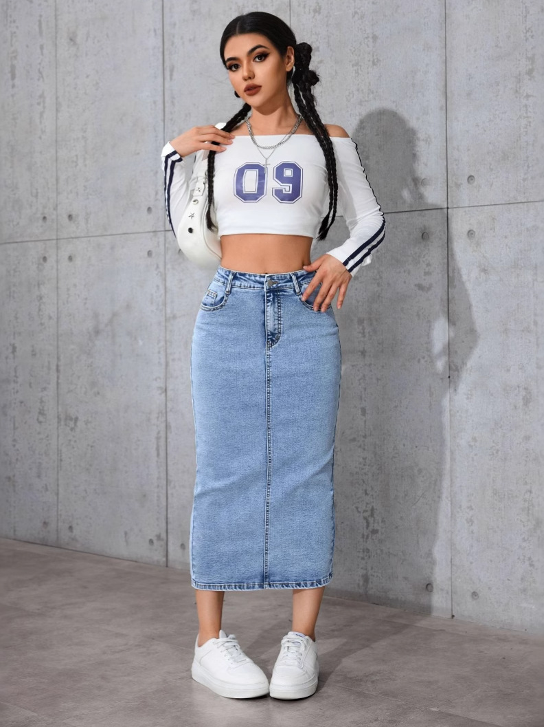 PO33150 New high waist slim mid-length skirt women's denim long skirt large size