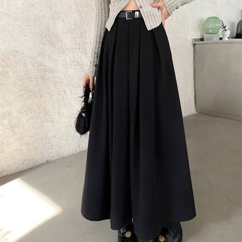 2024 New Korean Solid Color Versatile Mid-length Pleated Large Swing Type Skirt Female Long Skirts for Women dongdumaoyi