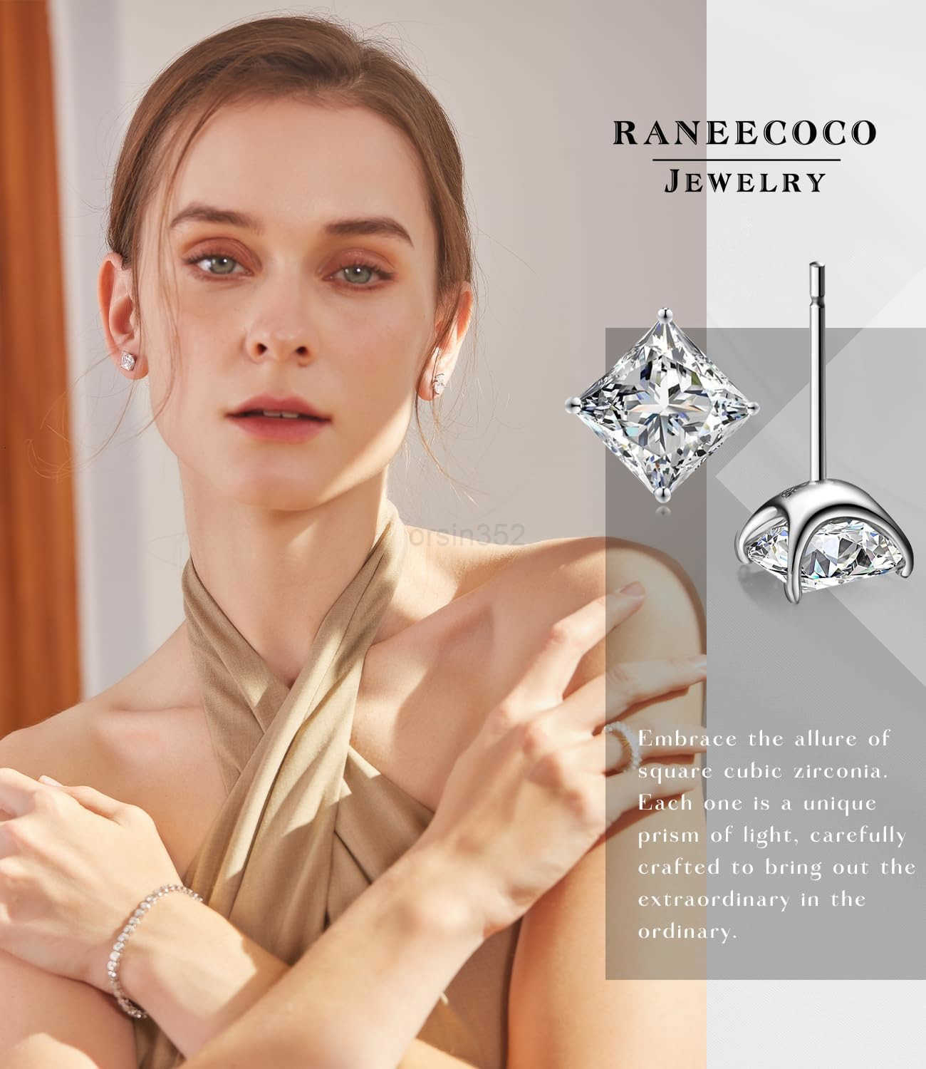 18K Gold Plated Sterling Silver Princess Cut Cubic Zirconia Stud Earrings for men womenW250911