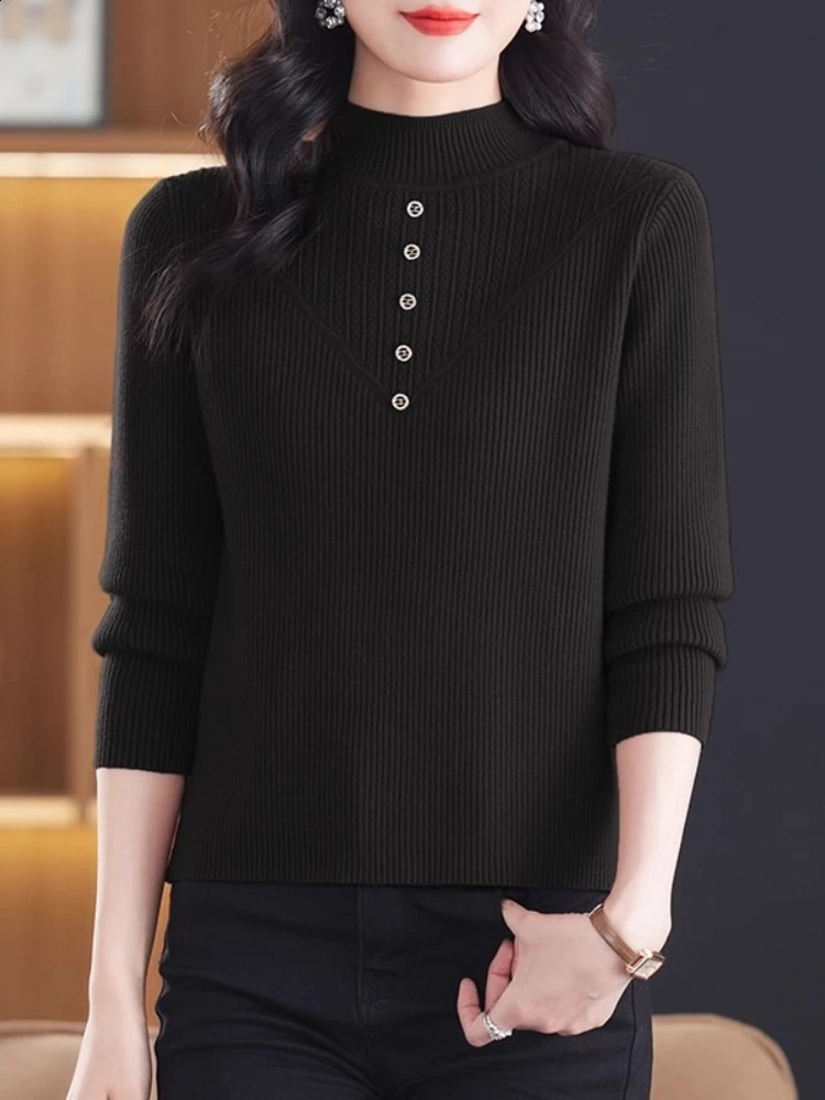 Button Pull Femme Sweater Jumpers Sweaters Autumn Winter Pullovers Women Warm Thick High Collar Knitwears 250911