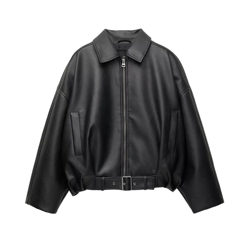 Vintage Women's Zipper Leather Jackets Belt Loose Lapel Long Sleeve Pockets Solid Coats Female 2025 Autumn Moto Biker Outwear