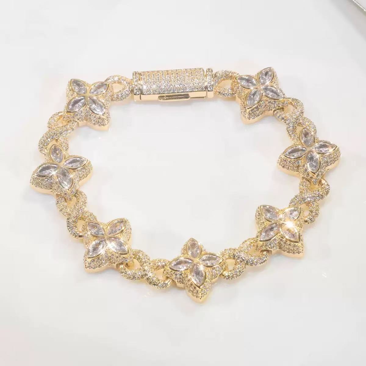 Yu Ying Black Diamond Marquise Moissanite 18K Gold Plated 925 Sterling Silver Four Leaf Clover Infinity Cuban Link Chain Jewelry