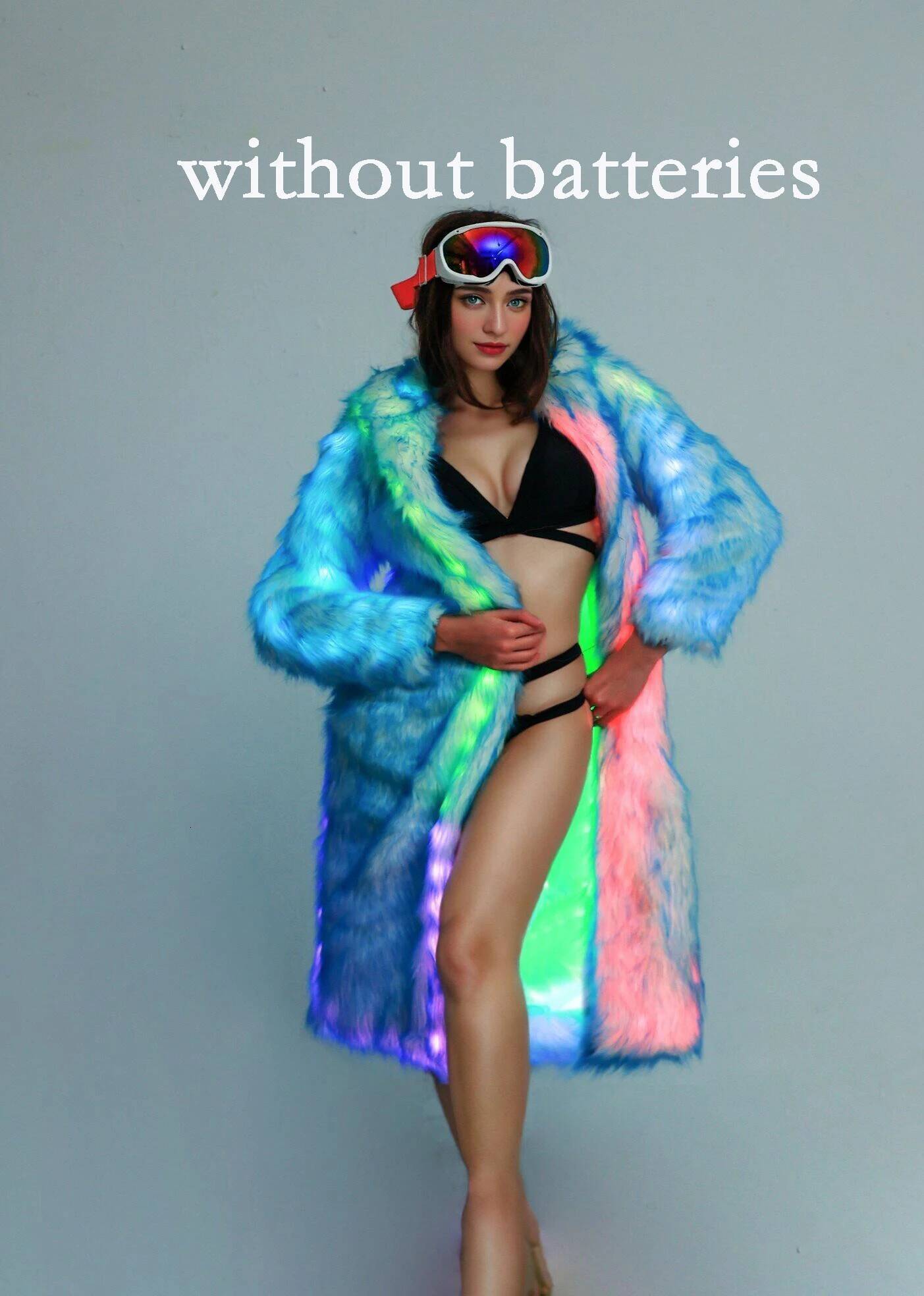 FHILLINUO Faux Women's Fashion Thick Fox Leather Led Light Up Rave Jacket Plus Size Especially Fake Fur Cold Coat
